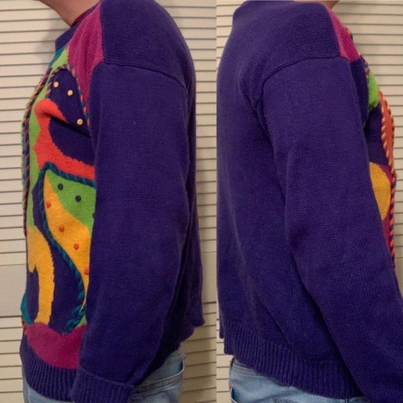 VINTAGE 80S GRANNY COTTAGE CORE PURPLE POP COLOR SWEATER AVANT NEW WAVE WINTER - Picture 3 of 4